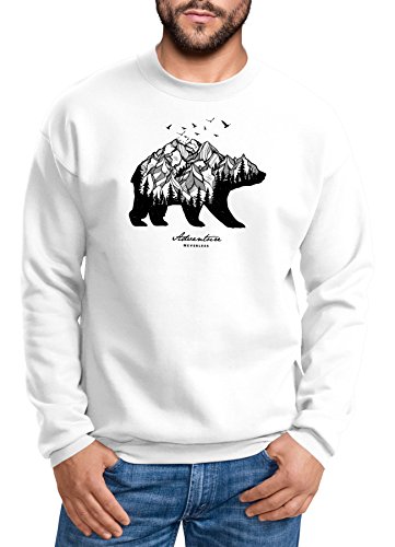 Neverless Sweatshirt Herren Bär Abenteuer Berge Wald Bear Mountains Adventure Rundhals-Pullover weiß 3XL von Neverless