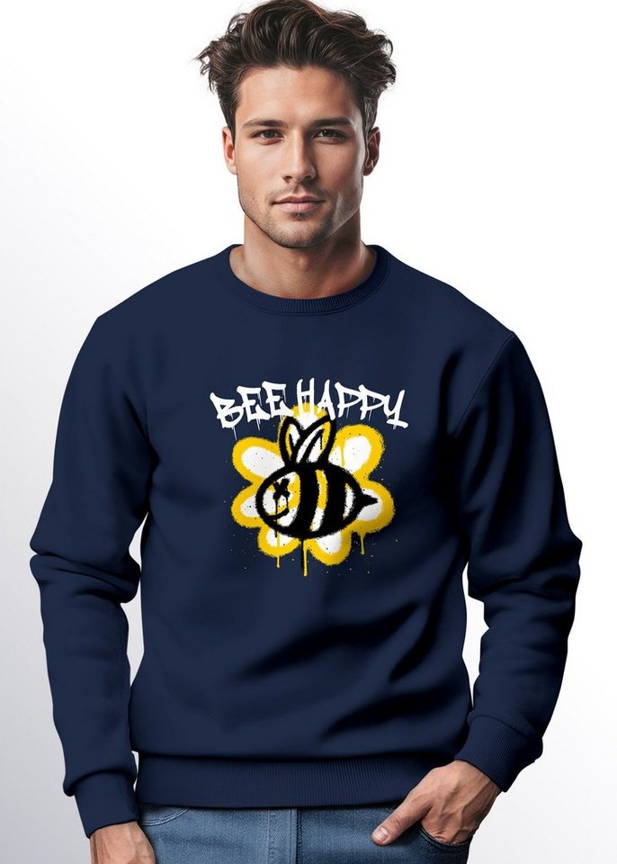 Neverless Sweatshirt Sweatshirt Aufdruck Bee Happy Biene Blume Graffiti Grafik Schriftzug R von Neverless