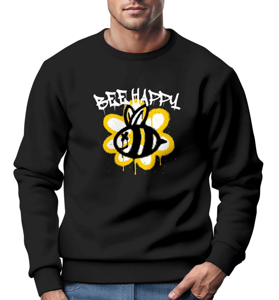 Neverless Sweatshirt Sweatshirt Aufdruck Bee Happy Biene Blume Graffiti Grafik Schriftzug R von Neverless