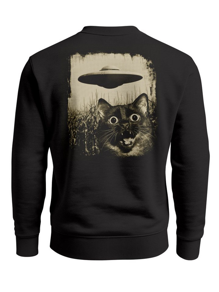 Neverless Sweatshirt Sweatshirt Herren Pullover mit Backprint Katze und UFO Design Retro von Neverless