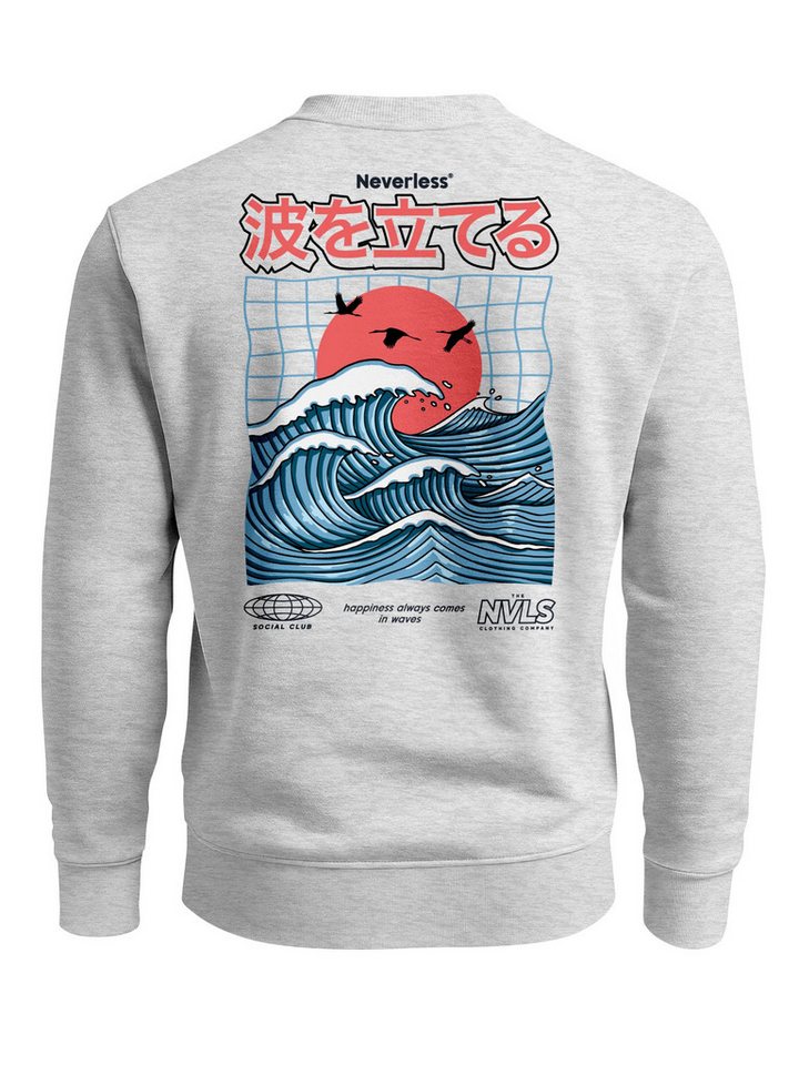 Neverless Sweatshirt Sweatshirt Herren Pullover mit Backprint Rising Wave, Japan Design von Neverless