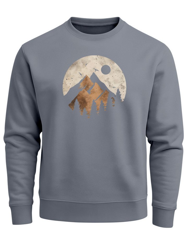 Neverless Sweatshirt Sweatshirt Herren ohne Kapuze Frontprint mit Berg und Sonne – Outdoor von Neverless