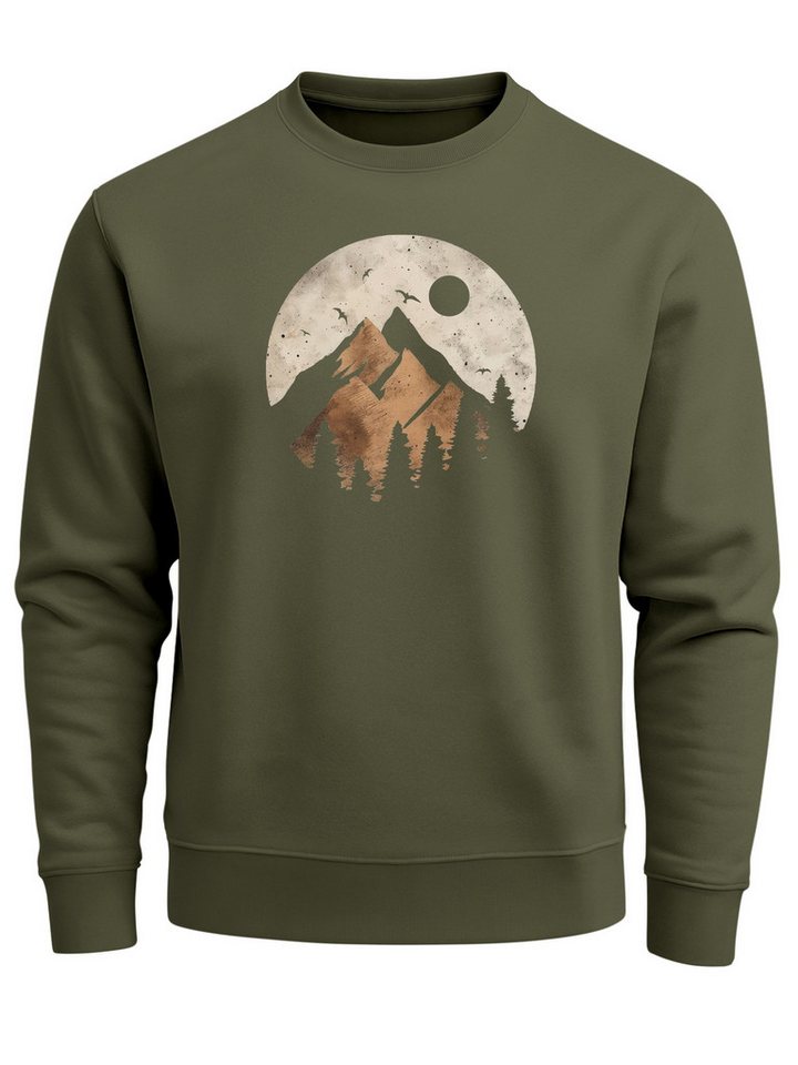Neverless Sweatshirt Sweatshirt Herren ohne Kapuze Frontprint mit Berg und Sonne – Outdoor von Neverless