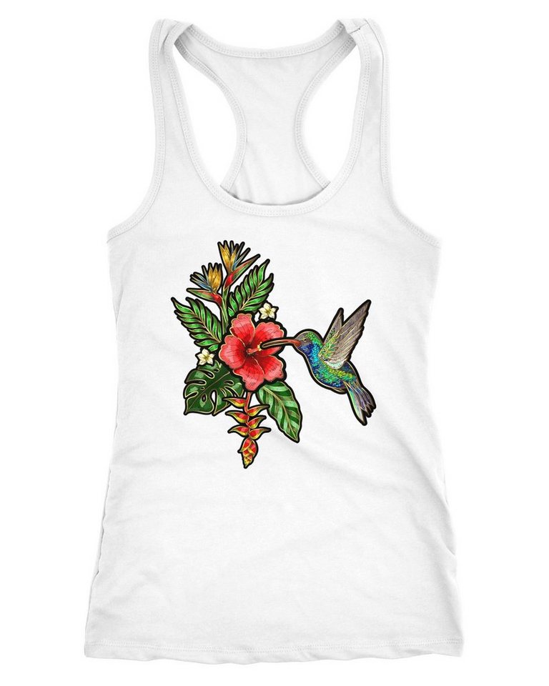 Neverless Tanktop Damen Tank-Top Tropical Kolibri Vogel Palmblätter Sommer Stick-Patch-Optik Hummingbird Racerback Slim Fit tailliert Baummwolle Neverless® von Neverless