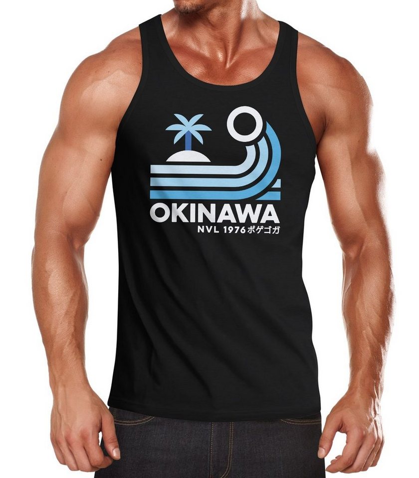 Neverless Tanktop Herren Tank-Top Japan Okinawa Schriftzug Retro Palme Welle mit Print von Neverless