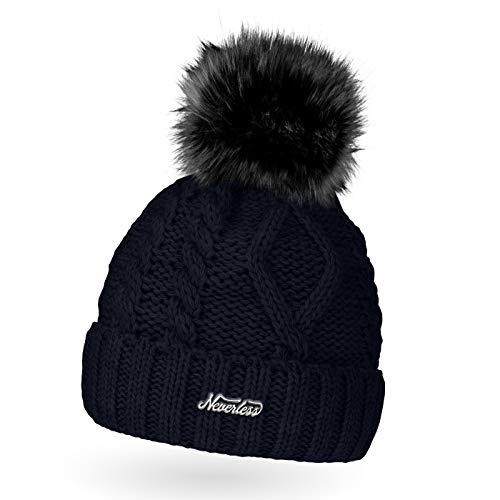 Neverless gefütterte Damen Strickmütze mit Fell-Bommel und Fleece-Futter, Kunstfell, Winter-Mütze, Bommelmütze, Navy Unisize von Neverless