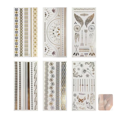 Nevoluxer 70 Temporäre Tattoos Gold & Silber – Metallic Glitzer Tattoos für Erwachsene & Jugendliche, Temporäre Metallic Tattoo Wasserdicht 6 Blätter für Frauen Jugendliche Mädchen Halloween Festival von Nevoluxer