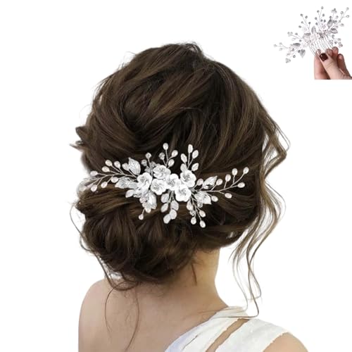 Nevoluxer Blume Silberne Haarschmuck mit Perlen für Hochzeit und Kommunion, Eleganter Brautschmuck Haare für Frauen und Mädchen, Haarspange als festlicher Kopfschmuck (Silber) von Nevoluxer
