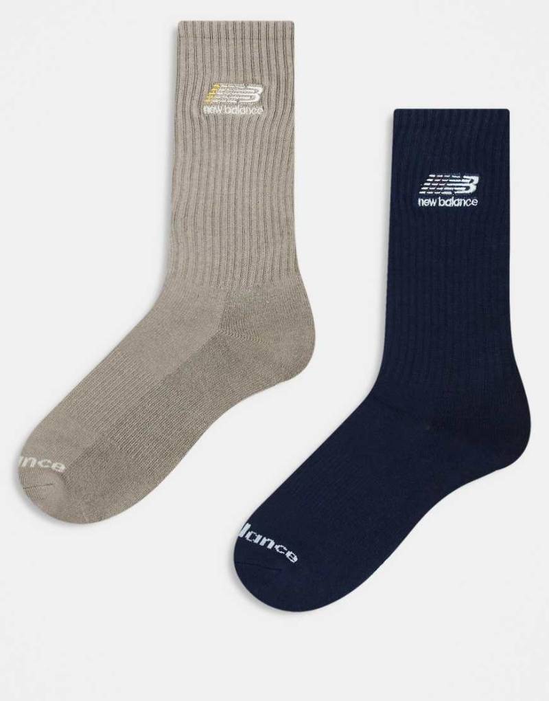 New Balance - 2er-Pack gerippte Crew-Socken in Marineblau und Hellbraun-Bunt von New Balance