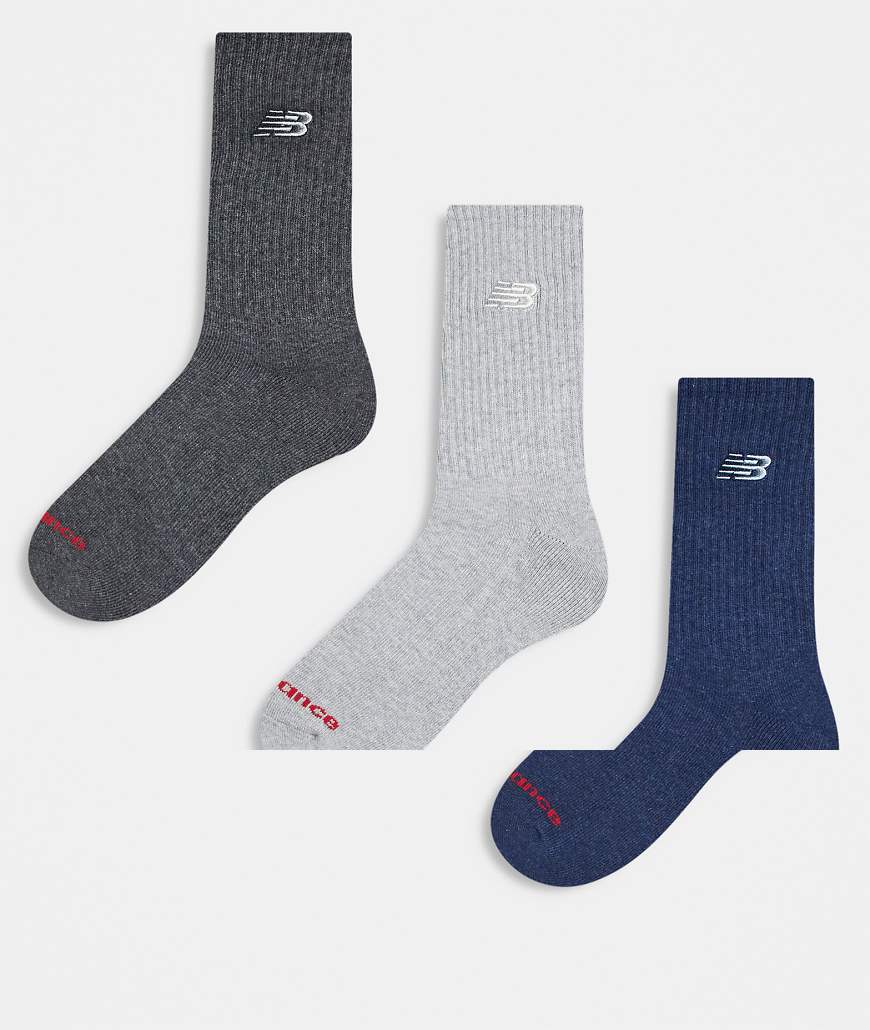 New Balance - 3er-Pack wadenhohe Socken in Grau und Marineblau mit Logo-Stickerei von New Balance