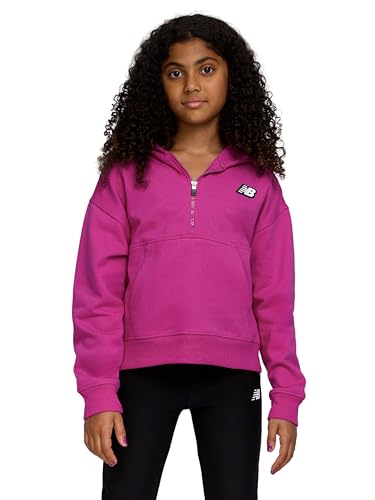 New Balance Mädchen-Kapuzenpullover mit Viertelreißverschluss – weiches Baumwoll-Misch-Fleece-Active-Jugend-Pullover, Sweatshirt, gefütterte Kapuze, Magenta, 4 von New Balance