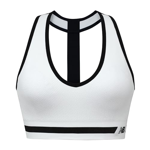 New Balance Nahtloser bügelloser V-Ausschnitt, T-Back Racer Sport-BH mit durchgehender Textur, Munsell Weiß, Medium von New Balance