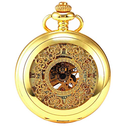 Steampunk blaue Zeiger Römische Buchstaben Skelett Mechanische Taschenuhr mit Kette für Männer Frauen, gold, Mechanisch Steampunk blaue Zeiger Römische Buchstaben Skelett Mechanische Taschenuhr mit Kette für Männer Frauen, gold, Mechanisch von New Brand Mall