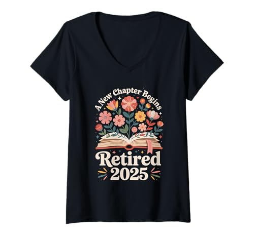 Damen Floral Senior Buch ein neues Kapitel beginnt Lehrer im Ruhestand T-Shirt mit V-Ausschnitt von New Chapter Retired 2025 Readers