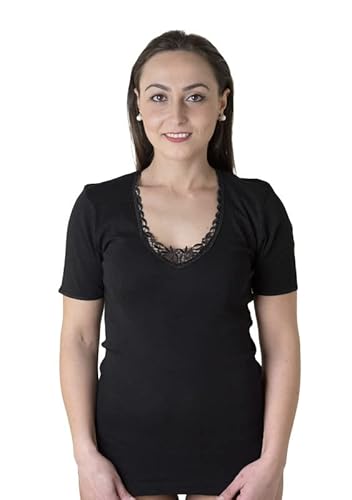 New Day Unterwäsche, außergewöhnlich, hergestellt in Italien, 3 T-Shirts, für Damen, kurzärmelig, mit Makramee-Spitze oder Satinrand, aus warmer Baumwolle, Schwarz Large von New Day intimo eccezionale