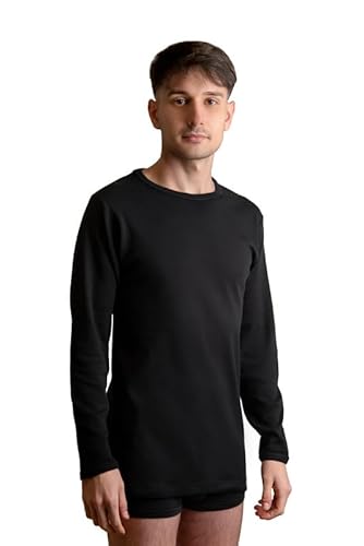 New Day intimo eccezionale Hergestellt in Italien - 3 Unterhemden für Herren (mit Rundhalsausschnitt oder V-Ausschnitt), langärmelig, aus warmer Baumwolle, Winter, Runder Hals/Schwarz, Medium von New Day intimo eccezionale