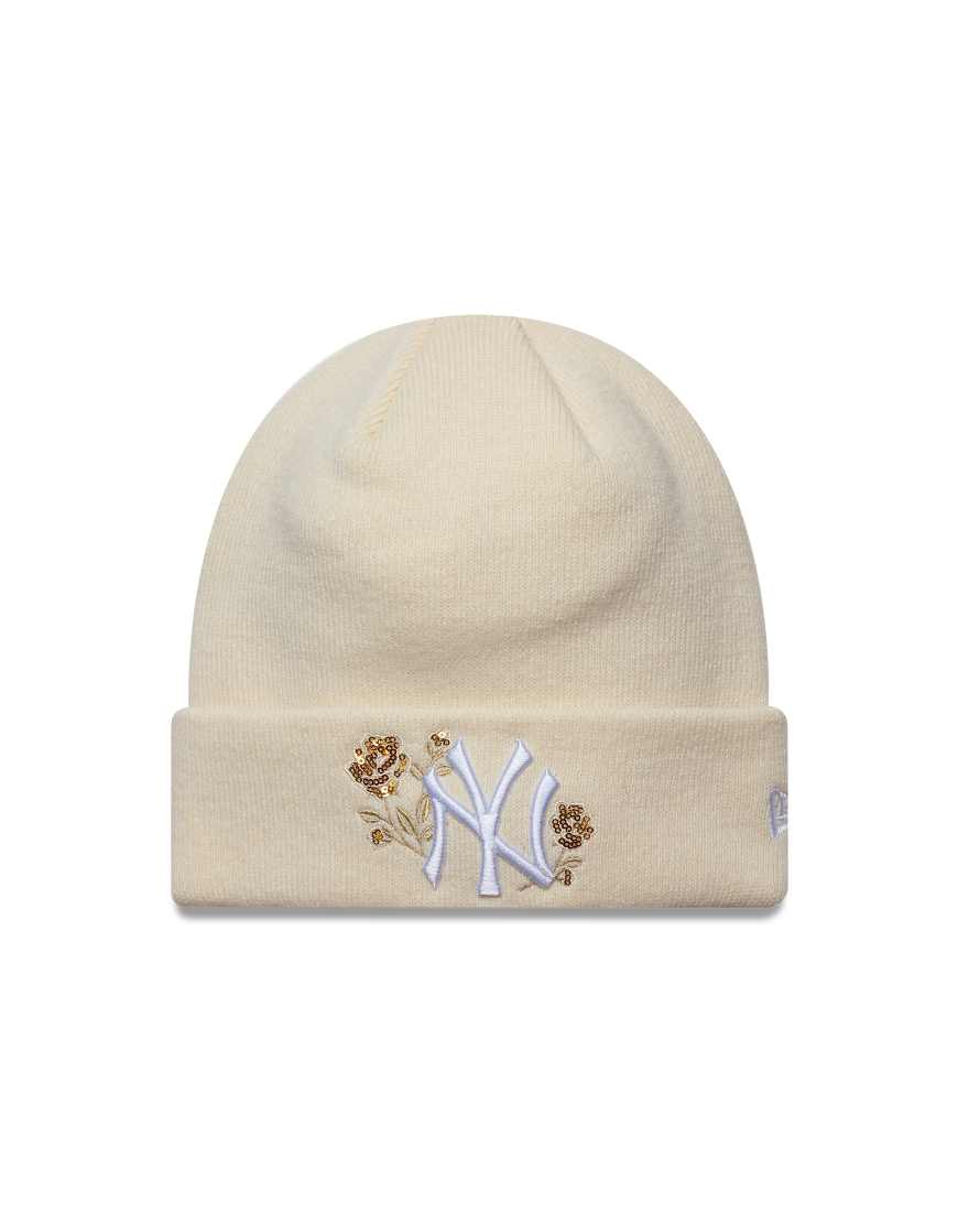 New Era - NY Yankees - Strickmütze in Beige mit Logo mit Rosen-Pailletten-Neutral von New Era