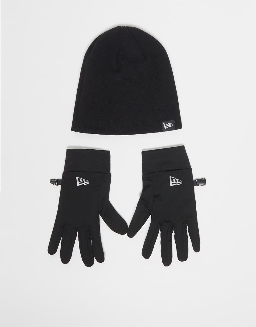 New Era - Set aus Strickmütze und E-Touch-Handschuhen in Schwarz mit Flaggenlogo von New Era