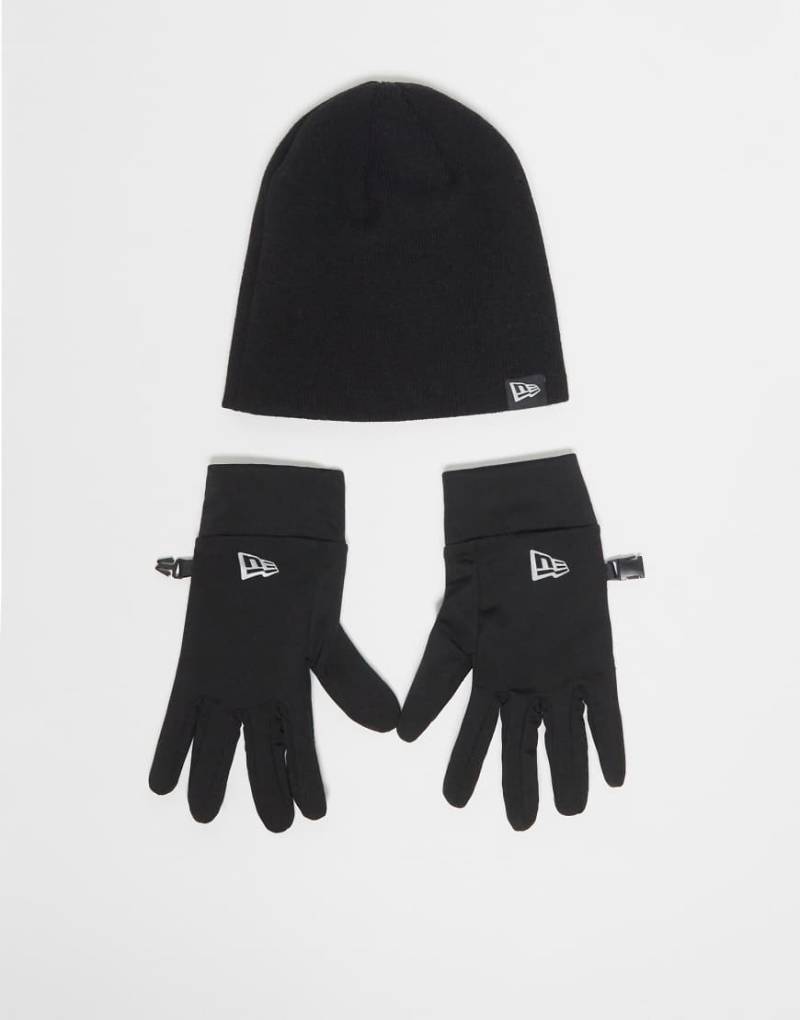 New Era - Set aus Strickmütze und E-Touch-Handschuhen in Schwarz mit Flaggenlogo von New Era