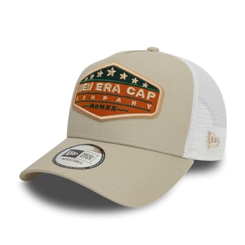 New Era Truckercap verstellbar Snapback Patch gebogener Schirm Mesh Kappe beige weiß - One-Size von New Era