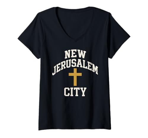 Damen New Jerusalem City Cross Christian Faith Jesus Bibelvers T-Shirt mit V-Ausschnitt von New Jerusalem City Christian Cross Revelation 21