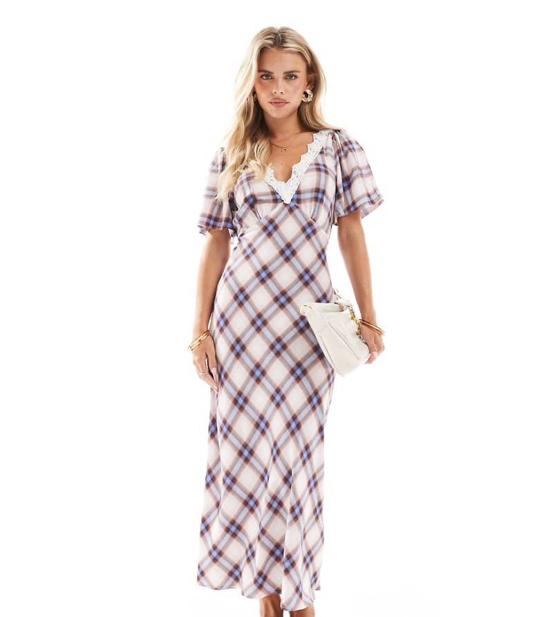 New Look Petite - Midikleid aus Spitze in kariertem Cremeweiß mit Flatterärmeln von New Look Petite