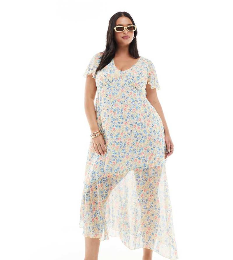 New Look Curve - Asymmetrisch geschnittenes Midikleid mit Blumenmuster und V-Ausschnitt-Bunt von New Look Plus