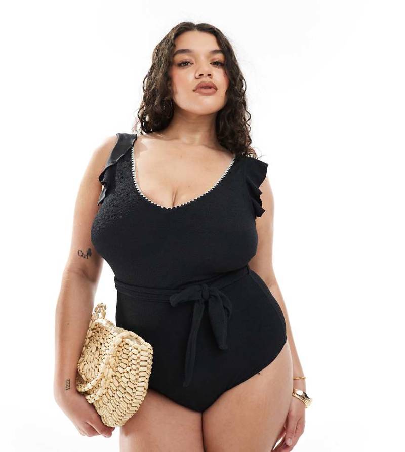 New Look Curve - Badeanzug in Schwarz mit Rüschenärmeln von New Look Plus