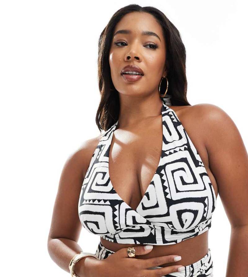 New Look Curve - Bikinioberteil in Schwarz mit Wirbelmuster von New Look Plus