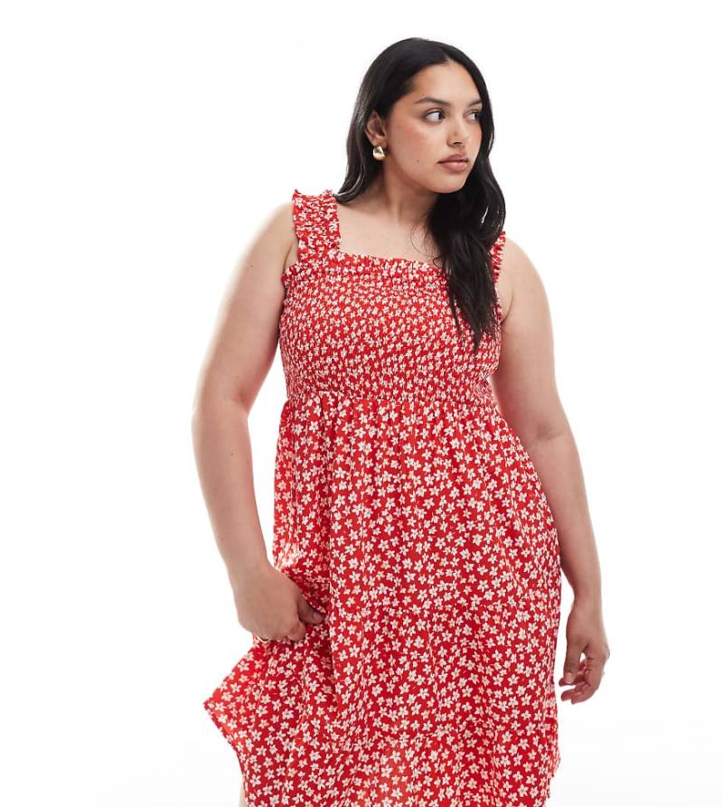 New Look Curve - Gerafftes Minikleid in Rot mit Blumenmuster von New Look Plus