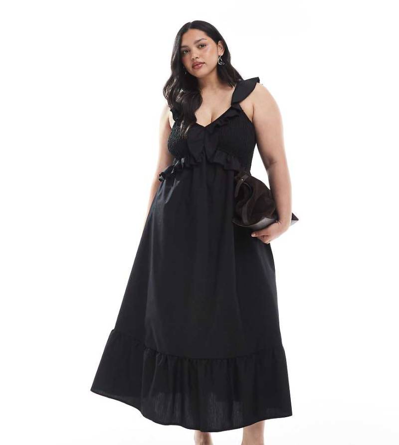 New Look Curve - Gesmoktes Midikleid in Schwarz mit Rüschen von New Look Plus