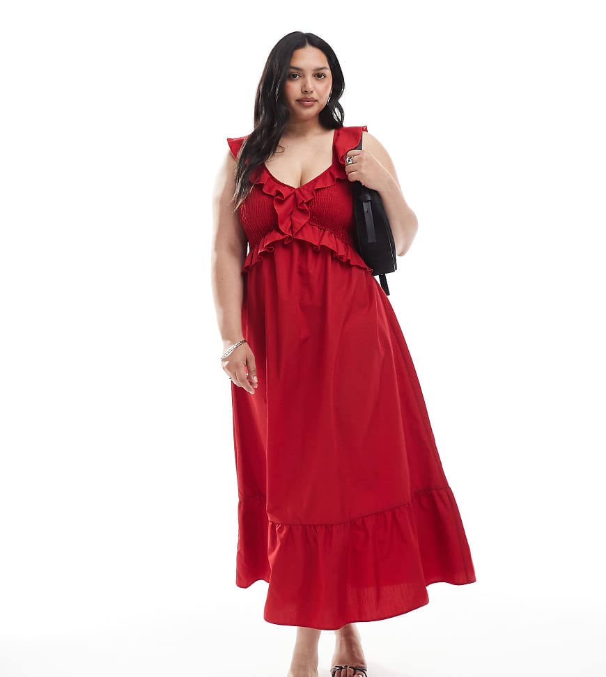 New Look Curve - Gesmoktes Midikleid in kräftigem Rot mit Rüschen von New Look Plus