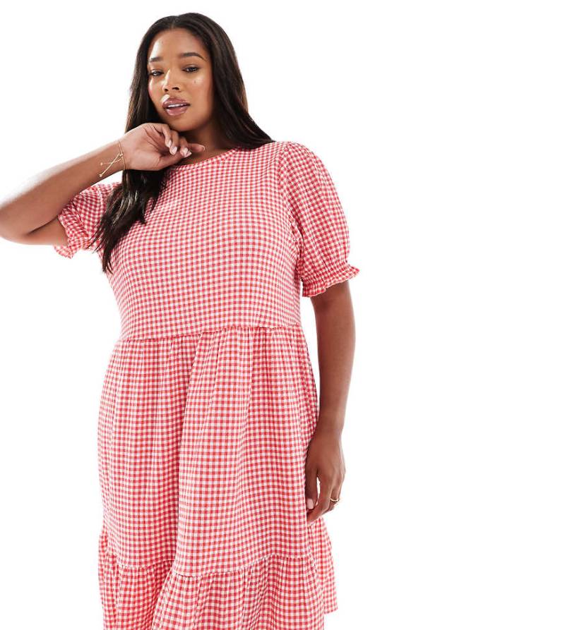 New Look Curve - Kurzes Hängerkleid in Rot mit Vichy-Karos und Knitterstruktur von New Look Plus