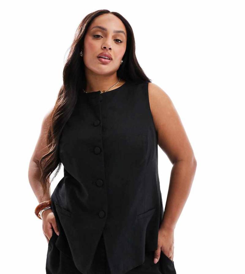 New Look Curve - Langärmlige Longline-Weste aus Leinen in Schwarz mit Rundhalsausschnitt von New Look Plus