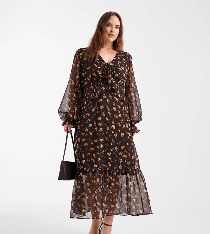 New Look Curve - Langärmliges Midikleid in Braun mit Blümchenmuster-Brown von New Look Plus