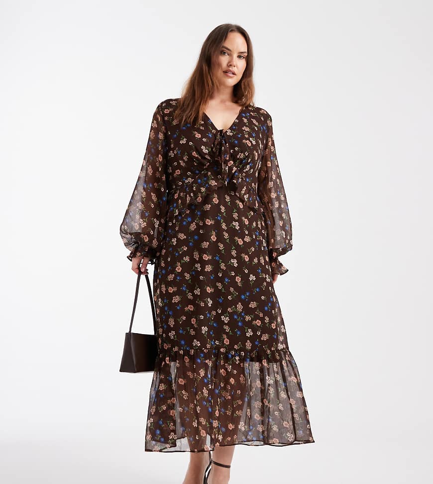 New Look Curve - Langärmliges Midikleid in Braun mit Blümchenmuster-Brown von New Look Plus