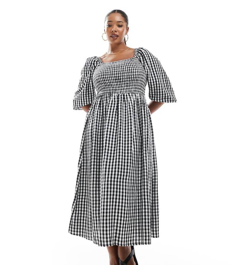 New Look Curve - Langärmliges Midikleid in Schwarz mit Vichy-Karomuster von New Look Plus