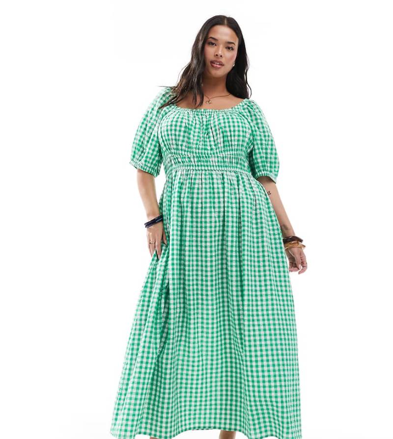 New Look Curve - Midi-Milchmädchenkleid mit Vichy-Karo in Grün von New Look Plus