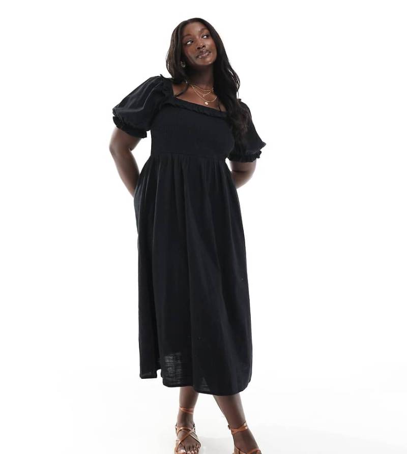 New Look Curve - Midikleid im Milchmädchen-Stil in Schwarz mit Puffärmeln von New Look Plus