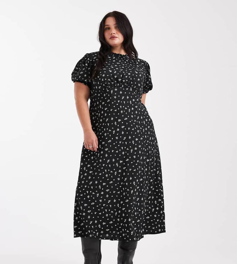 New Look Curve - Midikleid in Schwarz mit Blümchenmuster von New Look Plus