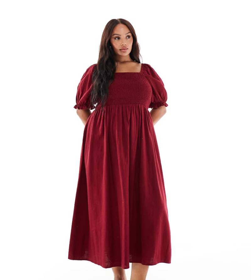 New Look Curve - Milchmädchen-Midikleid in Burgunderrot mit Puffärmeln von New Look Plus