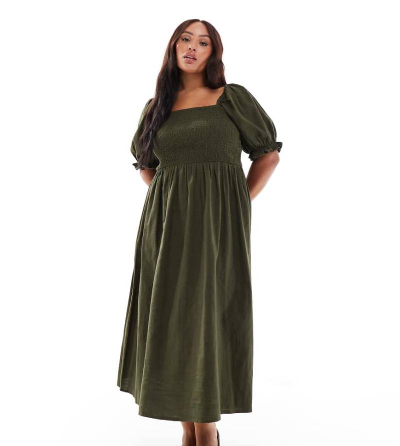 New Look Curve - Milchmädchen-Midikleid in Khaki mit Puffärmeln-Grün von New Look Plus