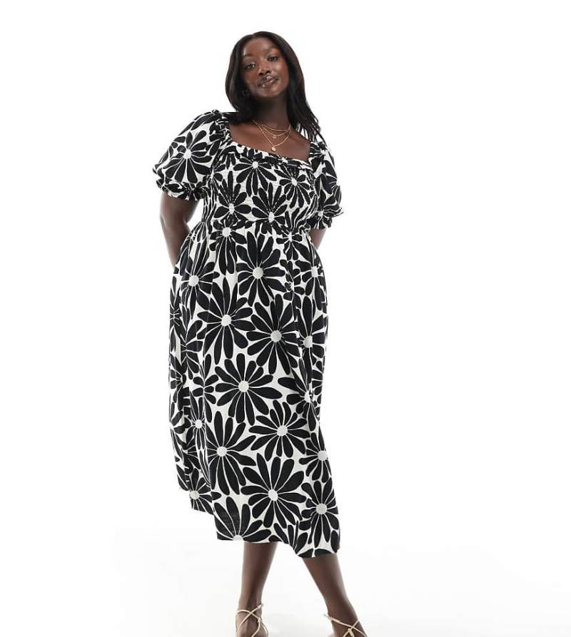 New Look Curve - Milchmädchen-Midikleid in Schwarz geblümt mit Puffärmeln-Weiß von New Look Plus