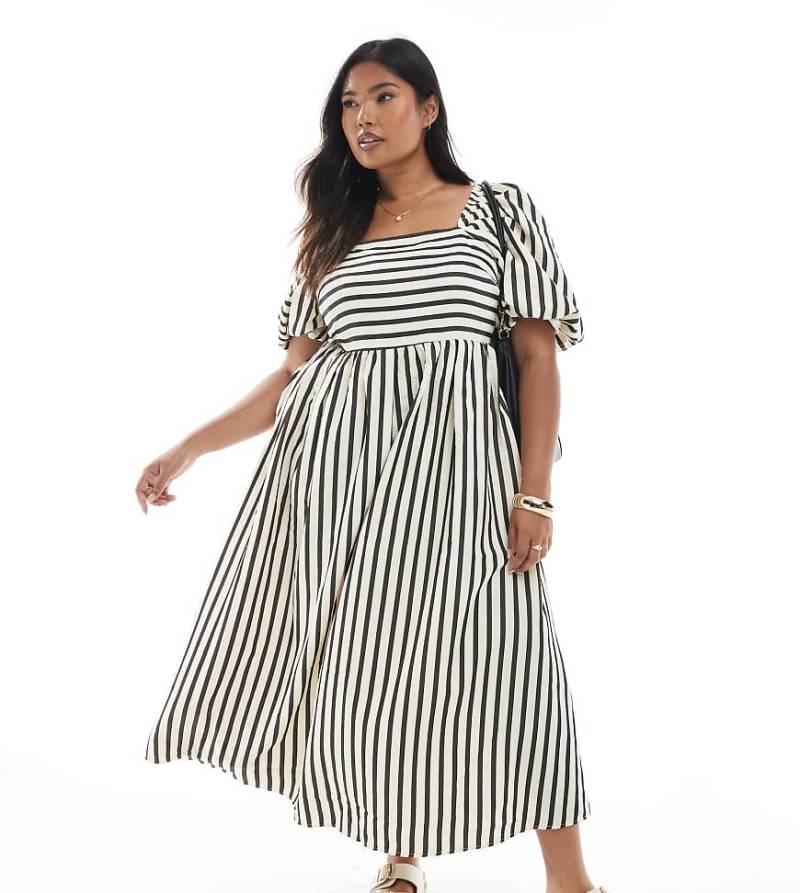 New Look Curve - Milkmaid-Midikleid in gestreiftem Cremeweiß mit Puffärmeln von New Look Plus