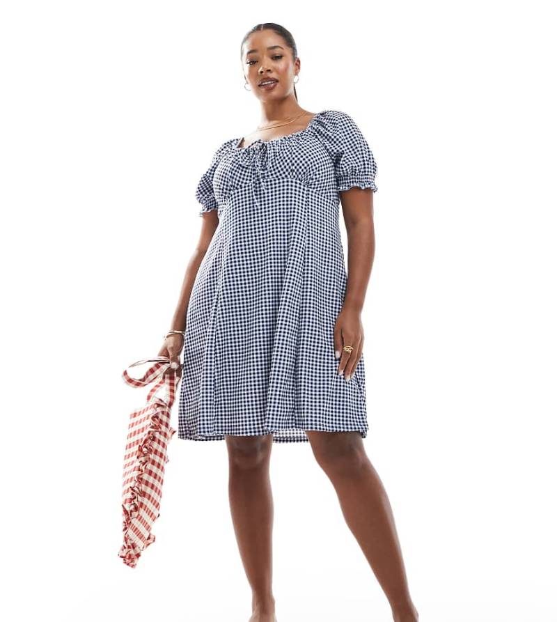 New Look Curve - Minikleid mit Vichy-Karomuster in Marineblau im Milchmädchen-Stil von New Look Plus