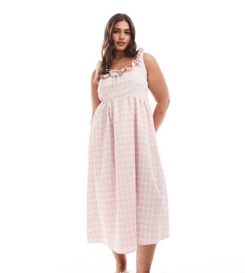 New Look Curve - Mittellanges Hängerkleid in Rosa mit Karomuster, Trägern und Korsettdetail von New Look Plus