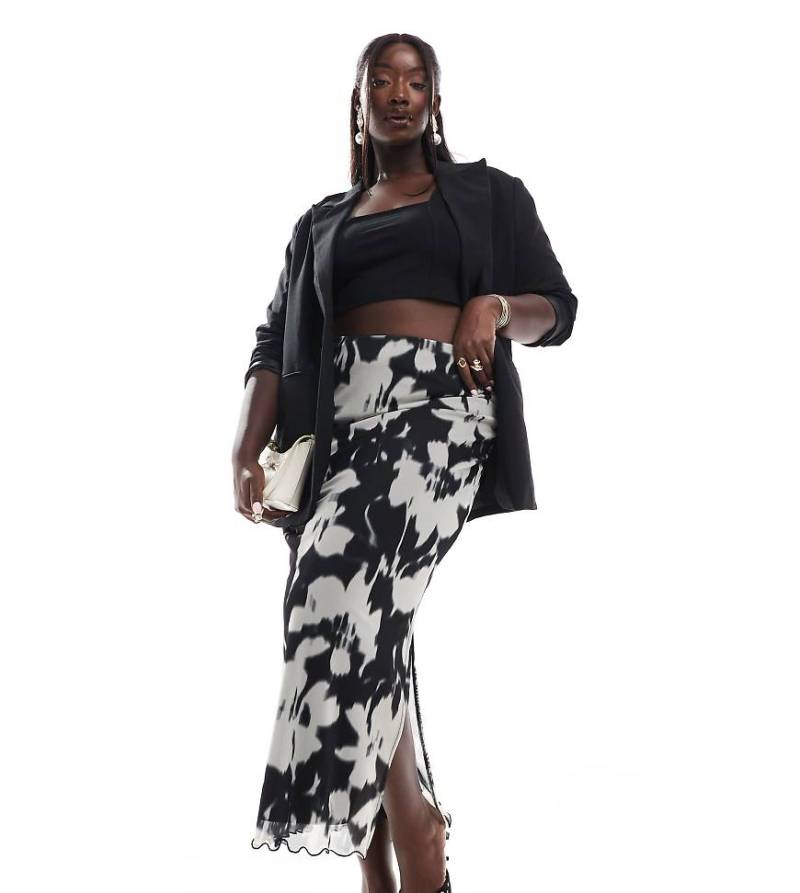 New Look Curve - Netzstoff-Midirock in Schwarz mit verschwommenem Blumenmuster-Braun von New Look Plus