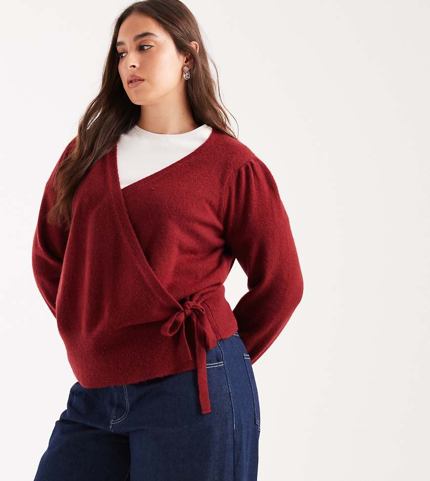 New Look Curve - Pullover in Burgunderrot mit Wickeldesign und Puffärmeln von New Look Plus