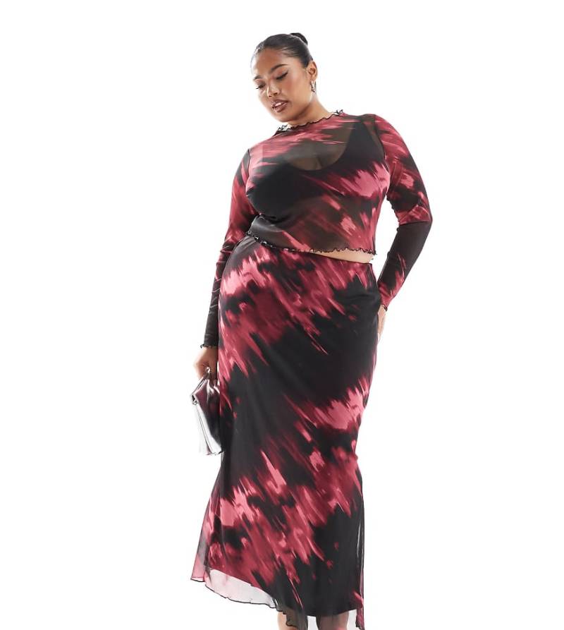 New Look Curve - Rot gemusterter Midirock aus Netzstoff von New Look Plus