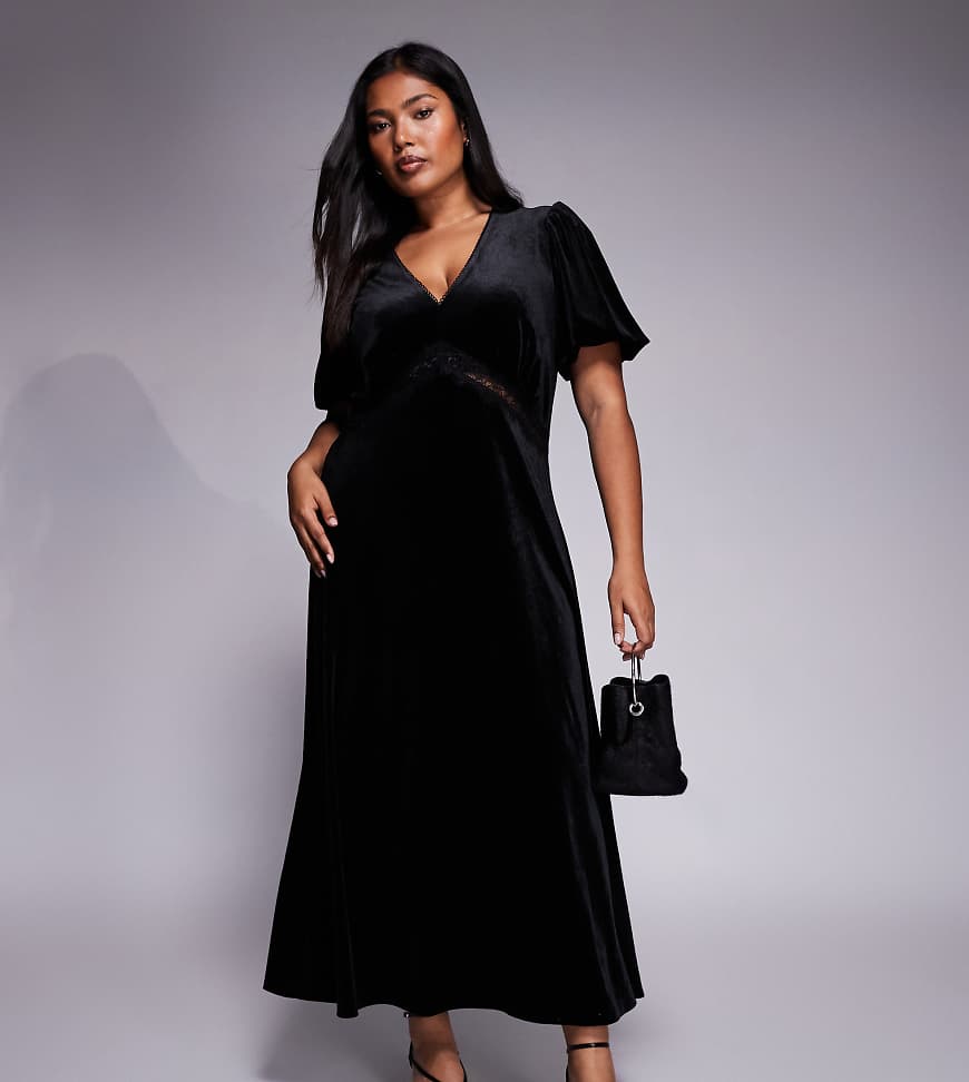 New Look Curve - Samt-Midikleid in Schwarz mit Spitzenborte von New Look Plus